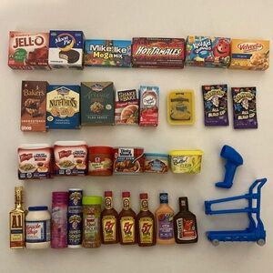 ZURU Mini Brands Set of 35 - shopping cart, scanner & RARE gold A1 steak sauce